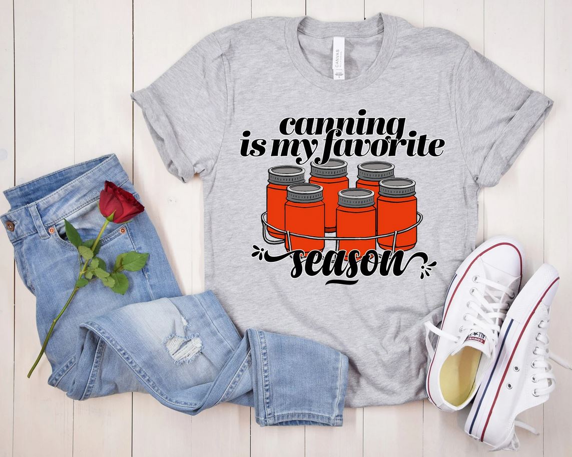 Canning is My Favorite Season shirt with jeans and sneakers.