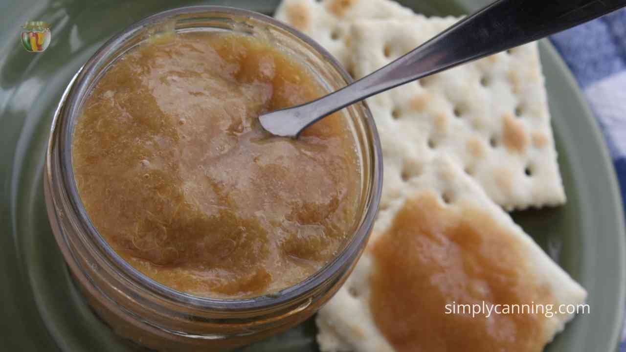 A spoon in a jar of apple butter with crackers on the side.