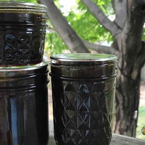 Three jars of deeply colored plum butters sitting on a ledge outdoors.